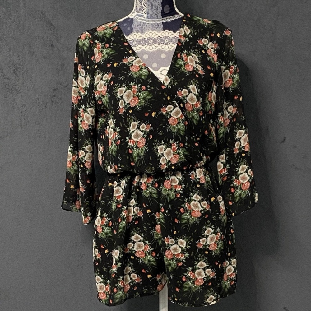 Everly Surplice Romper Women S Black Moody Floral Dark Bohemian Long Bell Sleeve